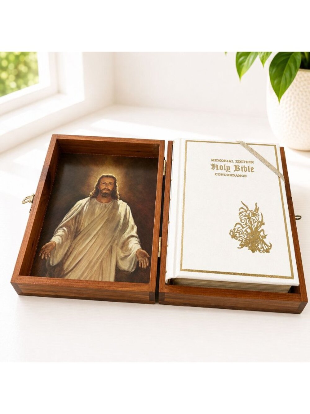 Memorial Edition Holy Bible Concordance In Wooden Box With Jesus Image & Gold Ac